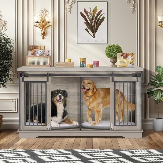 2-in-1 Double Dog Crate Furniture with Divider 60.6 Inch Grey Sturdy Dog Kennel TV Stand with 2 Sliding Doors and Thick Iron Door Frame for 2 Dogs