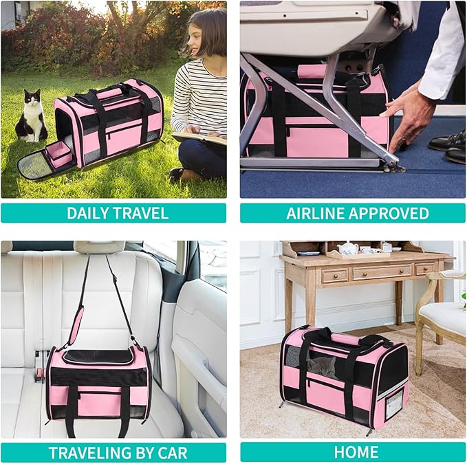 Cat Carrier Pet Carrier Airline Approved for Small Dogs Medium Cats Puppies 15 Lbs Dog Carrier with Reflective Strip, Collapsible Soft Sided Dog Travel Carriers - Pink