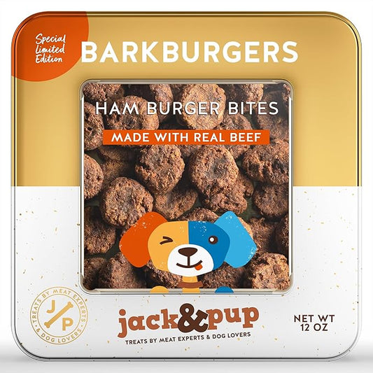Jack&Pup Bark Burgers Ham Bites Dog Gifts | Holiday, Adoption, Dog Birthday Treats in Classy Tin | Jerky Dog Treats (12oz Bites)