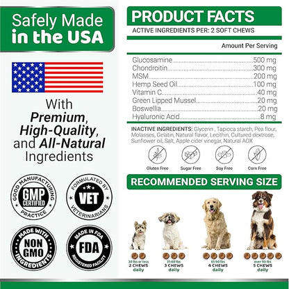 YUMA'S Hemp Hip and Joint Supplement for Dogs - Glucosamine for Dogs - 170 Dog Joint Pain Relief Chews - Chondroitin, MSM - Hemp Oil - Advanced Dog Joint Supplement Health - Mobility Support Treats