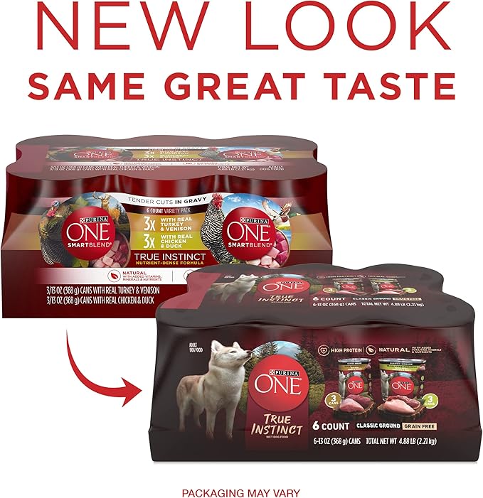 Purina ONE True Instinct Tender Cuts in Gravy with Real Turkey and Venison, and with Real Chicken and Duck High Protein Wet Dog Food Variety Pack - 13 Ounce (Pack of 6)
