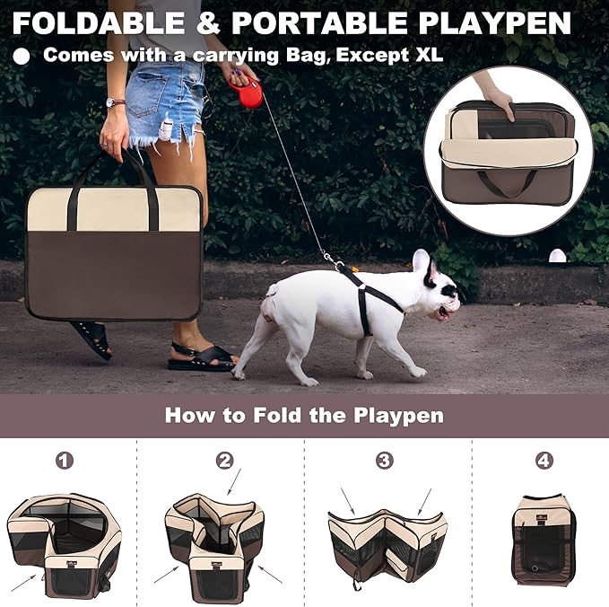 Dog Playpen, Cat Playpen - Foldable Pet Playpen with Carrying Case, Portable Pet Tent for Indoor/Outdoor Use | Water Resistant | Removable Shade Cover - (Brown, Medium)