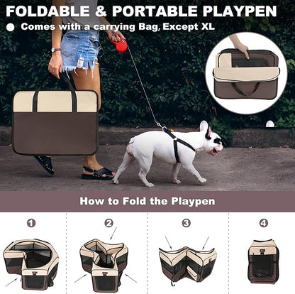 Dog Playpen, Cat Playpen - Foldable Pet Playpen with Carrying Case, Portable Pet Tent for Indoor/Outdoor Use | Water Resistant | Removable Shade Cover - (Brown, Medium)