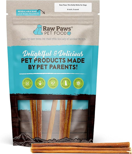 Raw Paws Thin Bully Sticks for Small Dogs 6 inch, 5-ct - Grass Fed, Free Range Bull Pizzle - Low Odor Mini Bully Sticks for Puppies - Small Bully Sticks - Puppy Bully Sticks for Dogs - Bully Bones