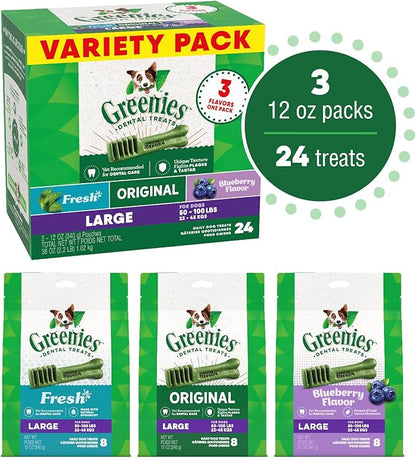 Greenies Large Natural Dental Care Dog Treats, 36 oz. Variety Pack, 3 Packs of 12 oz. Treats