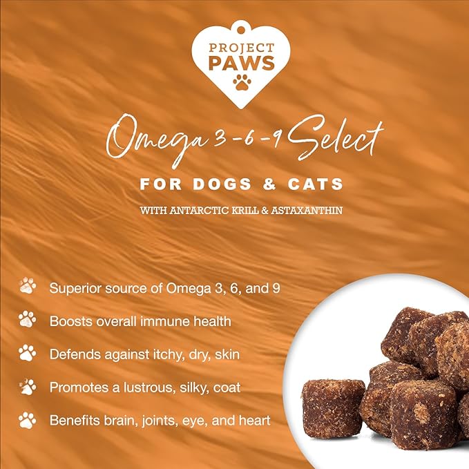 Project Paws Omega 3-6-9 Select Fish Oil for Dogs - Krill Oil Skin and Coat Supplement - 60 Count