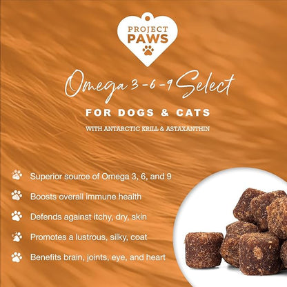 Project Paws Omega 3-6-9 Select Fish Oil for Dogs - Krill Oil Skin and Coat Supplement - 60 Count
