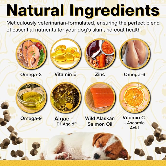 Dog Fish Oil Supplements - 120 Omega 3 Fish Oil Dog Vitamins, Veterinarian Formulated Itching Relief for Dogs, Natural Omega 3 Fish Oil for Dogs, Dog Skin and Coat Supplement (Salmon Flavor)