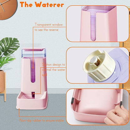Automatic Cat Feeder and Dog Water Dispenser Set, 1 Gallon Capacity, Plastic, Pink, Suitable for Small to Big Pets