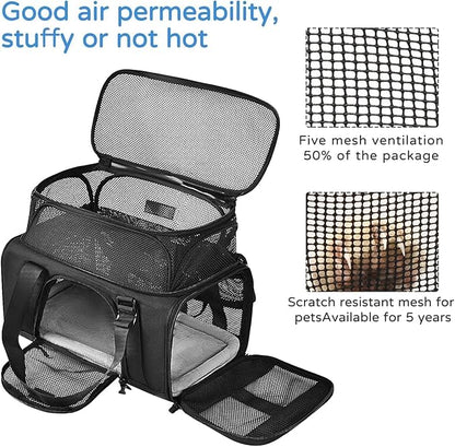 Airline Approved Pet Carrier, Collapsible Cat carrier, Expandable Dog Carrier, 900D High Density Oxford Cloth, Wear-Resisting, Anti Tearing, Safety Lock Zipper, Reflective Tape