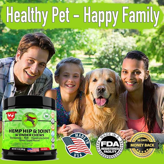 Advanced Hemp Hip and Joint Supplement for Dogs - Hemp Oil Glucosamine Chondroitin for Dog - Omegas - Turmeric - MSM - Green Lipped Mussel, Made in USA treats support mobility - 120 Chews