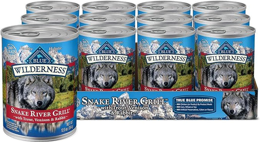 Blue Buffalo Wilderness Snake River Grill High Protein, Natural Wet Dog Food, Trout, Venison & Rabbit 12.5-oz cans (Pack of 12)