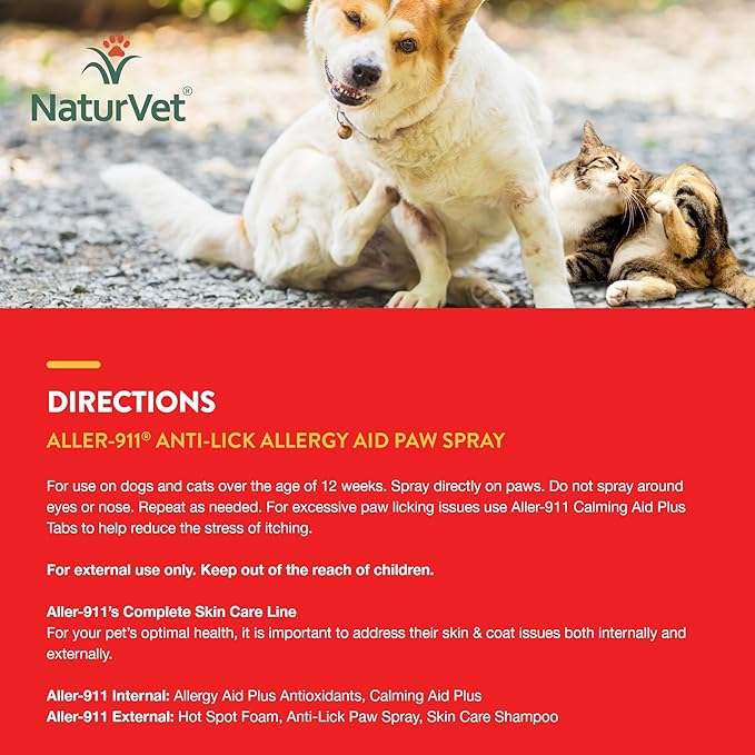 NaturVet Aller-911 Anti-Lick Paw Spray for Dogs & Cats – Includes Aloe Vera – Helps Sooth Itchy Paws, Offers Dog & Cat Allergy Support – Helps Discourage Pet Licking – 8 Oz. Spray