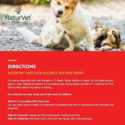 NaturVet Aller-911 Anti-Lick Paw Spray for Dogs & Cats – Includes Aloe Vera – Helps Sooth Itchy Paws, Offers Dog & Cat Allergy Support – Helps Discourage Pet Licking – 8 Oz. Spray