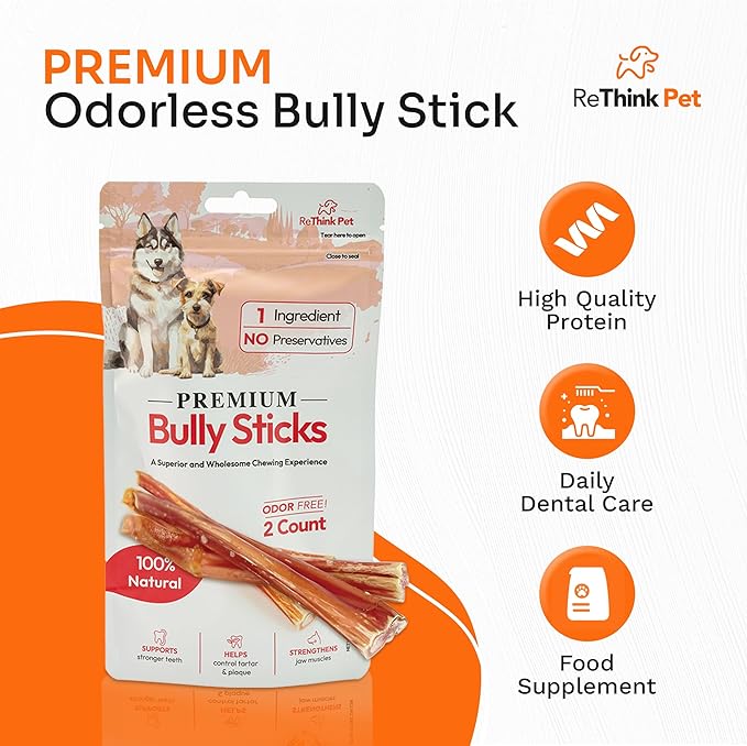 Premium Odor-Free Bully Sticks for Dogs - 2 pcs Beef Flavored Natural Dog Chews & Treats