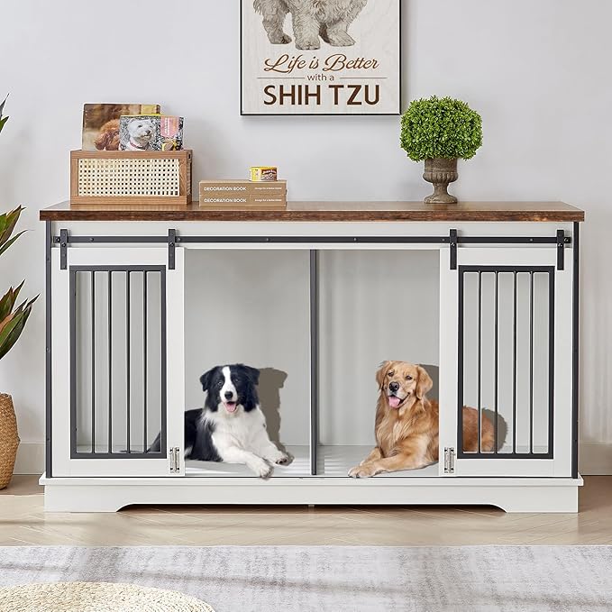 61'' Double Dog Crate Furniture for 2 Dogs, Large Double Dog Kennel Furniture TV Stand, Heavy Duty Dog Crate, Furniture Style Dog Crate End Table, Wood Crates for Dogs Kennel Indoor