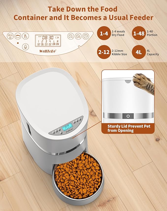 WellToBe Automatic Cat Feeder for Wet Food with Ice Pack and Freshness Dry Food Desiccant for Cats and Small Dogs, Timed Automatic Pet Feeder with Voice Recorder, 1-6 Meals Control, Dual Power Supply
