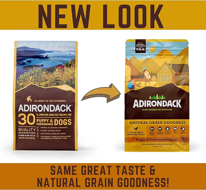 Adirondack Pet Food Adirondack Puppy Food for Puppies and Performance Dogs Made in USA [Natural Dog Food for All Breeds and Sizes], Chicken Meal & Brown Rice Recipe, 25 lb. Bag, Model Number: 00802