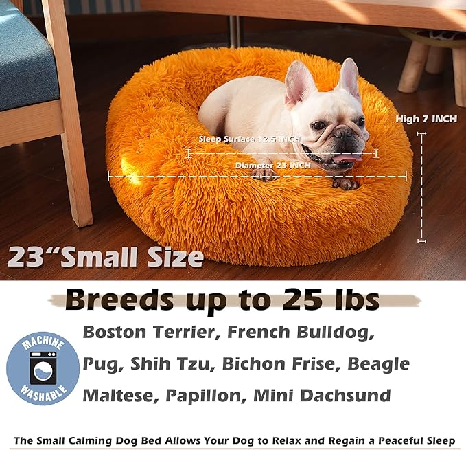 Dog Bed for Calming Dog 23 Inches Orange Anti-Anxiety Donut Puppy Bed for Small Medium Dogs Washable Fuzzy Dog Bed Fits up to 25 lbs Pets Beds for Small Dog