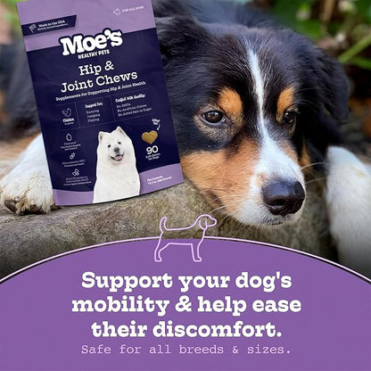 Moe's Glucosamine Dog Joint Supplement + Glucosamine, Chondroitin, Hyaluronic Acid, Vitamin C, E – Bone Health - Joint Pain Relief - Advanced Hip & Joint Care - 90 Chews - Made in USA – All Breeds