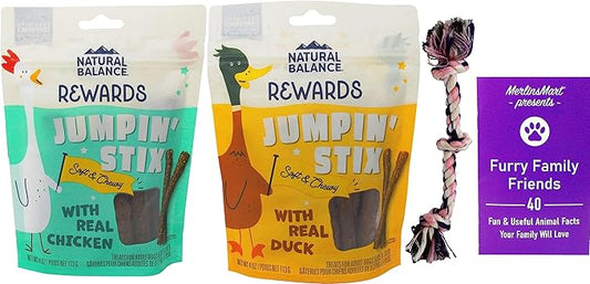 Natural Balances Rewards Jumpin' Stix Soft & Chewy Training Treats 2 Flavor Variety, (1) Each: Duck, Chicken (4 Ounces) - Plus Rope Toy and Fun Facts Booklet Bundle