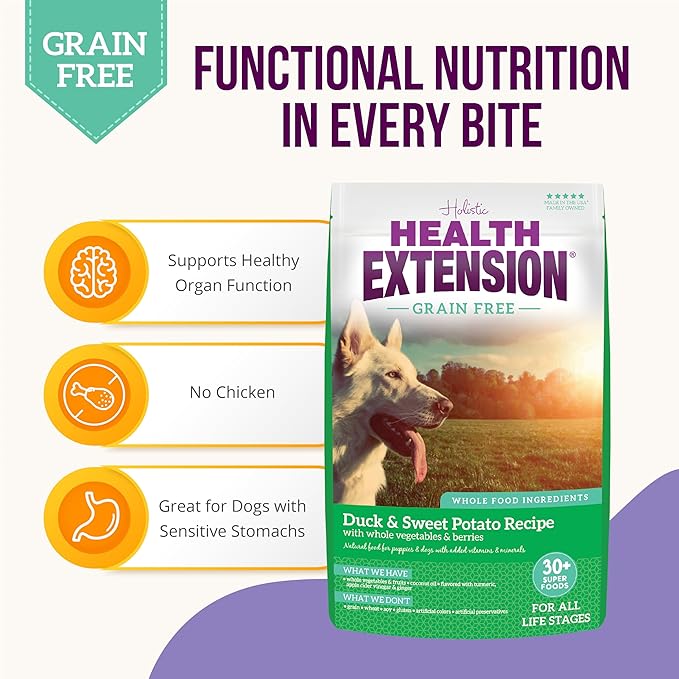 Health Extension Dry Dog Food, Natural Food with added Vitamins & Minerals, Suitable for All Puppies, Include Duck & Sweet Potato Recipe with Whole Vegetable & Berries (4 Pound)