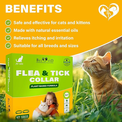 Natural Flea & Tick Collar for Cats - 12 Months Control of Best Prevention & Safe Treatment - Anti Fleas and Ticks Essential Oil Repellent (2 pack)