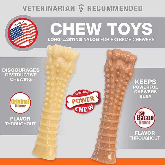 Nylabone Power Chew Textured Femur Bone Chew Toy for Dog, Indestructible Dog Toys for Aggressive Chewers Large Breed, Bacon Flavor, X-Large/Souper (2 Count)