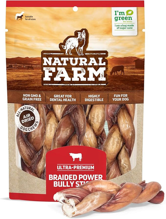 Natural Farm Braided Power Bully Sticks Dog Chews (6”, 5-Pack), 2-in-1 Power Chews: Premium Beef Cheek Wrapped in Beef Pizzle, Braided Together for a Very Long Lasting Chew, Great for Medium Dogs