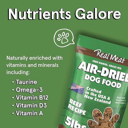Real Meat Air Dried Dog Food w/Real Beef - 5lb Bag of USA-Crafted Grain-Free Real Meat Dog Food Sourced from Hormone-Free, Free-Range, Grass-Fed Beef - Digestible, All Natural, High Protein Beef