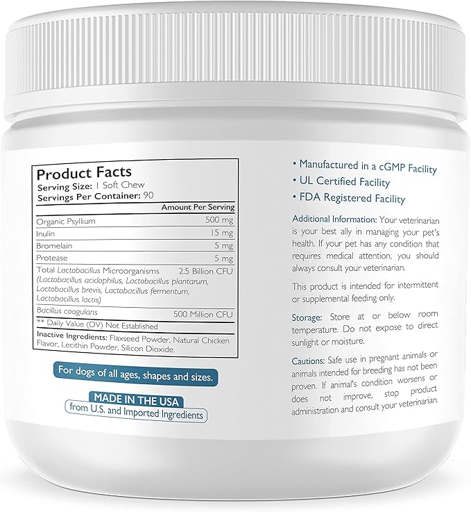 Psyllium for Dogs Complex to Promote Your Pet's Gut Health, Stimulate Healthy Digestion, Support Normal Bowel Function, with Psyllium + Inulin, Bromelain & Protease, 90 Soft Chews