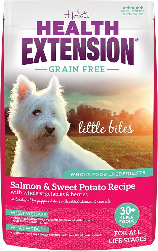 Health Extension Grain Free Little Bites for Dogs, Natural Food with Added Vitamins & Minerals, Perfect for Teacup, Toy & Small Dogs, Salmon & Sweet Potato Little Bites Recipe (3.5lb Bag)