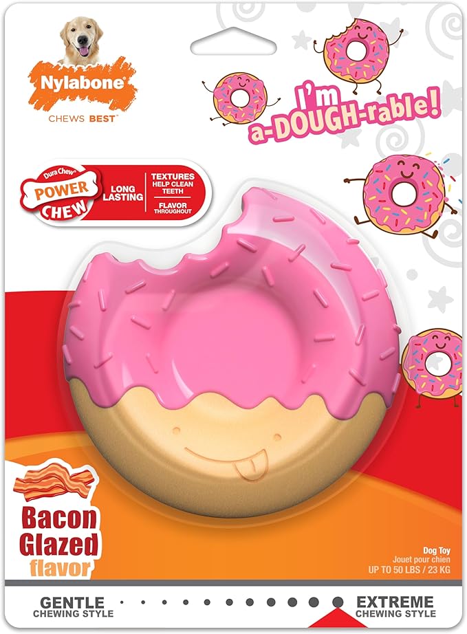 Nylabone Power Chew Donut Dog Chew Toy - Fun & Cute Dog Toys for Aggressive Chewers, Durable Dog Toys, Bacon Glazed Flavor, Large/Giant (1 Count)