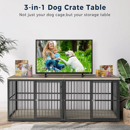 77.64''Dog Crate Furniture Large Breed TV Stand with Double Rooms,Wooden Dog Kennel Dog Crate End Table with Removable Divider for Large Medium Dogs, Can Use Separately