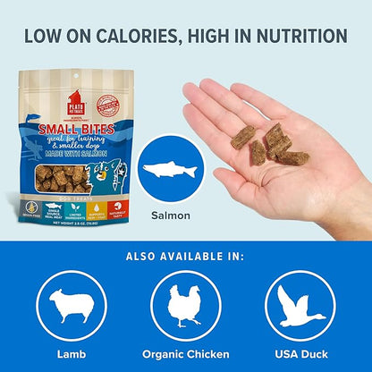 PLATO Small Bites Dog Treats, Natural Bite Sized Real Meat & Salmon Flavor, Grain Free & High in Protein, Air Dried Authentic Ingredients, 2 Calories Per Treat, Made in the USA, 6 Ounces