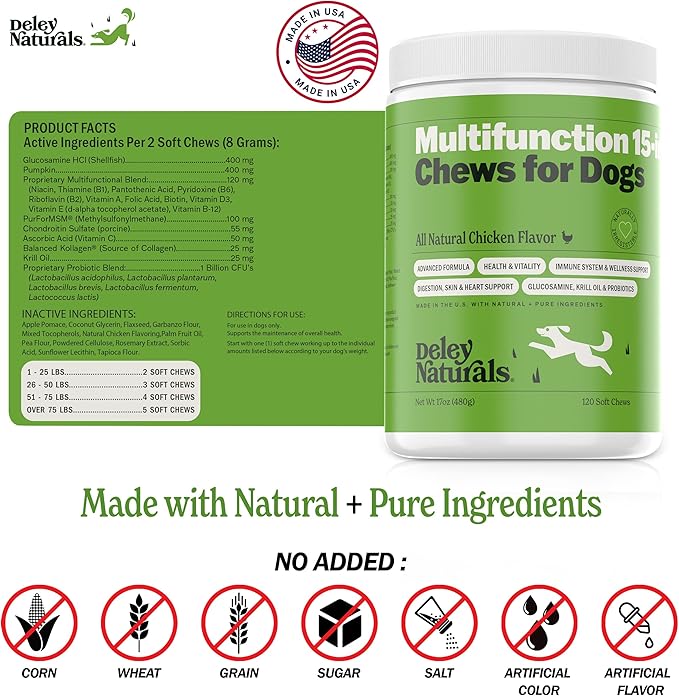 Deley Naturals 15 in 1 Dog Multivitamin Treats - 120 Grain Free Soft Chews - -Immune System, Skin & Coat, Joint Support & Digestion - Vitamins for Dogs of All Ages - Made in USA - Chicken Flavor