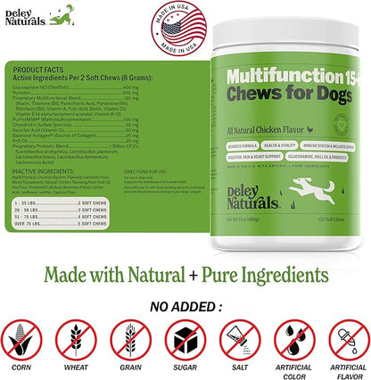 Deley Naturals 15 in 1 Dog Multivitamin Treats - 120 Grain Free Soft Chews - -Immune System, Skin & Coat, Joint Support & Digestion - Vitamins for Dogs of All Ages - Made in USA - Chicken Flavor