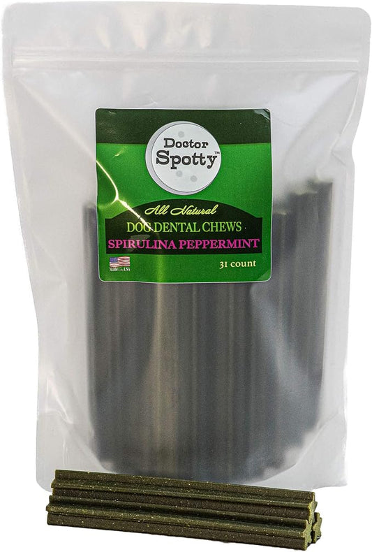 Doctor Spotty Peppermint Dog Dental Chews made with Spirulina and Other Beneficial Ingredients, Natural and Grain-Free, Made in The USA, Bulk Size 31-Count.