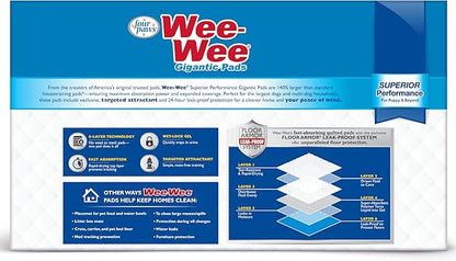Four Paws Wee-Wee Superior Performance Gigantic Pee Pads for Extra Large Dogs, Leak-Proof Floor Protection Dog & Puppy Quilted Potty Training Pads, Unscented, 27.5" x 44" (50 Count)