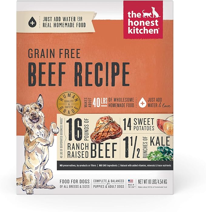 The Honest Kitchen Human Grade Dehydrated Grain Free Dog Food – Complete Meal or Dog Food Topper – Beef 10 lb (makes 40 lbs)