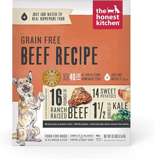 The Honest Kitchen Human Grade Dehydrated Grain Free Dog Food – Complete Meal or Dog Food Topper – Beef 10 lb (makes 40 lbs)