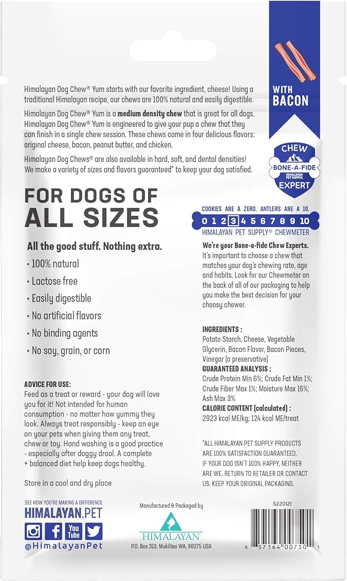 Himalayan Dog Chew Yak Cheese Dog Chews, 100% Natural, Long Lasting, Gluten Free, Healthy & Safe Dog Treats, Lactose & Grain Free, Protein Rich, For All Breeds, Medium, Bacon Flavor, 4.5 oz