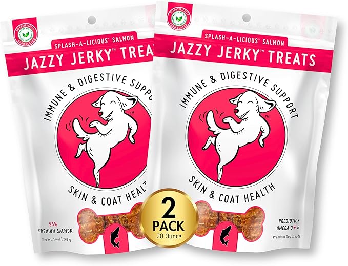 Canine Wellness Jazzy Jerky Dog Treats 2-PACK, Splash-A-Licious Salmon, 95% Salmon, Prebiotics for Gut & Immune Health, Omega 3s & 6s for Skin & Coat Health, Made in USA, All Ages, 20 oz
