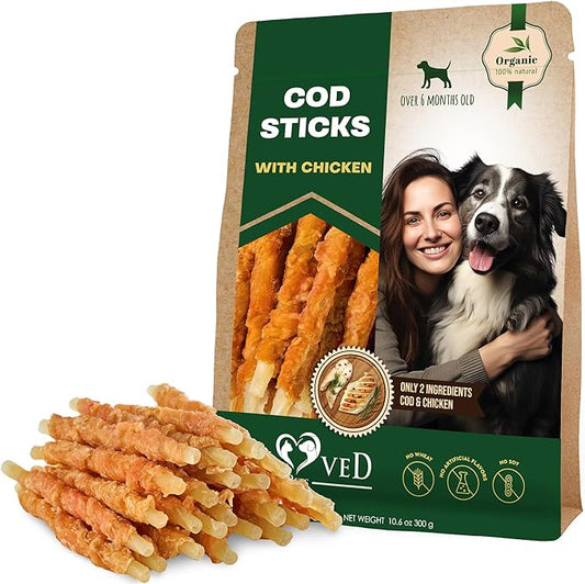 Beloved Pets Cod Sticks Dog Treats Chicken Wrapped - All Natural Rawhide - Free & Grain Free Long Lasting Chews for Large & Small Dogs - Dried Pet Snacks - Support Healthy Teeth & Skin Coat