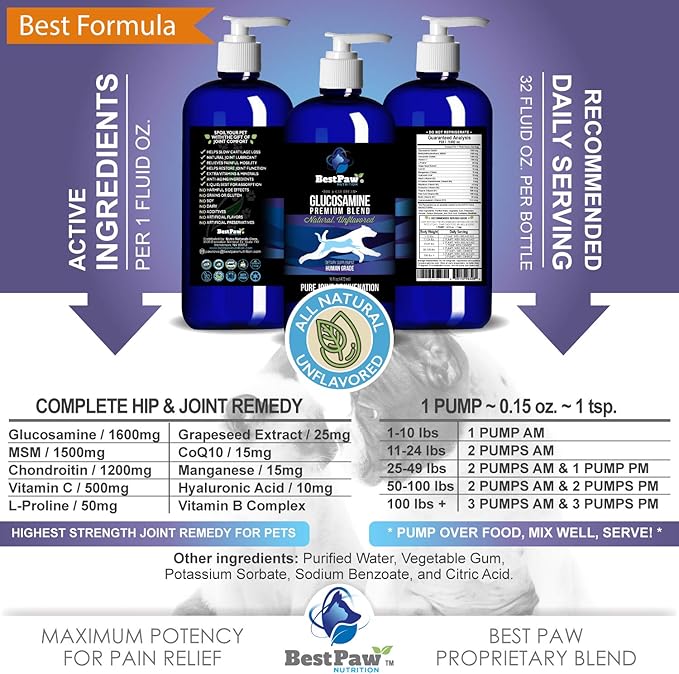 Best Paw Nutrition - Unflavored Liquid Glucosamine for Dogs & Cats - Chondroitin, MSM, Hyaluronic Acid - Dog Arthritis Home Remedy - Joint Supplement for Hip & Joint Pain Relief Pets Love - 16oz