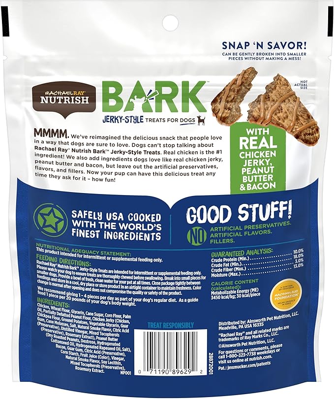 Nutrish Rachael Ray Bark Jerky-Style Dog Treats with Real Chicken Jerky, Peanut Butter & Bacon, 4.5 Ounce (Pack of 5)