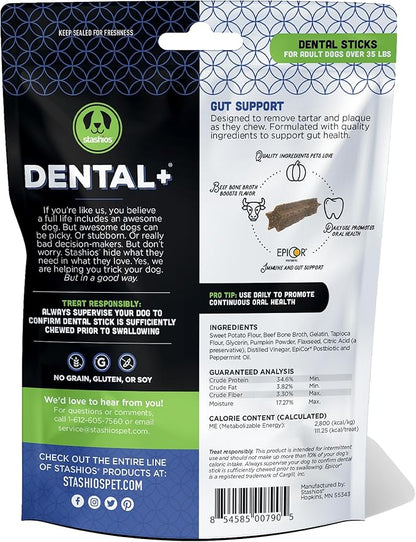 Dental+ Sticks for Dogs Over 35 lbs- Gut Support, with Beef Bone Broth, All Natural, EpiCor postbiotic, Made in The USA, Dental+ Bag, M/L - 11.3 oz.