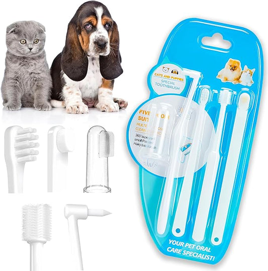 5-in-1 Cat Toothbrush Kit, Dog Toothbrush Kit,5 in 1 Multi-function（Soft brush, hard brush, 360° brush, pointed brush, finger brush）Pet Toothbrush，Dental care and cleaning for dogs and cats