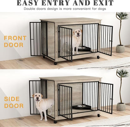39 Inch Large Wooden Dog Crate Furniture with 180° Rotatable Bowl, Grey Multi-Functional Dog Crate End Table with Wheels, Furniture Dog Crate for Large Dogs with Flip-up Top Opening