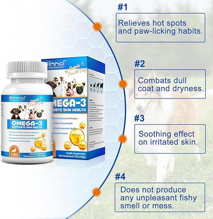 Omega 3 for Dogs, 180P Omega 3 Fish Oil Tablets for Dogs Supports Seasonal Allergies Relief, Itch Skin Relief & Promote Coat Health, Pet Dog Fish Supplements with Omega-3 6 9, Vitamin E - 180 Tablets